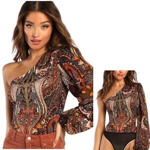 Lulus Mesmerizing Sight Black Multi Print One-Shoulder Bodysuit Size Small